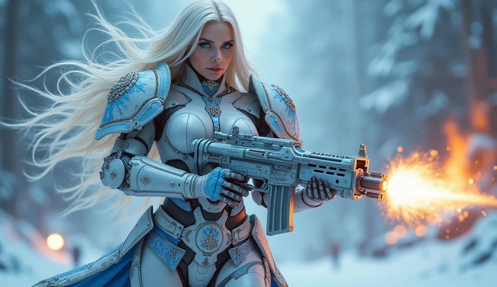 a beautiful woman with long platinum blonde hair, porcelain skin, ice blue eyes, sexy sisters of battle from the warhammer 40k, shooting at the enemy, frosty white and light blue space marine armor with intricate details, religous symbols on the armor, sisters of battle, warhammer 40k, Massive silicone breast, pale skin, seductive, temptation, eat your soul, clevage, , standing in a magical winter wonderland with snow-covered trees and frozen lakes, intricate ice crystals and snowflakes surrounding her, (best quality,4k,8k,highres,masterpiece:1.2),ultra-detailed,(realistic,photorealistic,photo-realistic:1.37),fantasy,digital art,cinematic lighting, highly detailed armor, intricate futuristic weaponry, gritty and realistic, mecha, science fiction, hyper-detailed, photorealistic, award winning digital art, 8k, HDR, masters work, in the middle of a battle field, full body combat action pose, explosions and fire around, full war, charging, running forward, attacking, stunning, Stilleto heels, high heels, full body pose, cinematic, dust and debree, combat screams, attacking, shooting at the enemy, sisters of battle, warhammer 40kdramatic color palette,frozen landscape,ice powers,snow queen