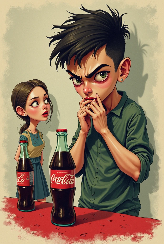 A white woman , young man picking his finger for a bottle of coke soda, and saying, Whoever takes it will burn in the marble of hell ( Caricature format)