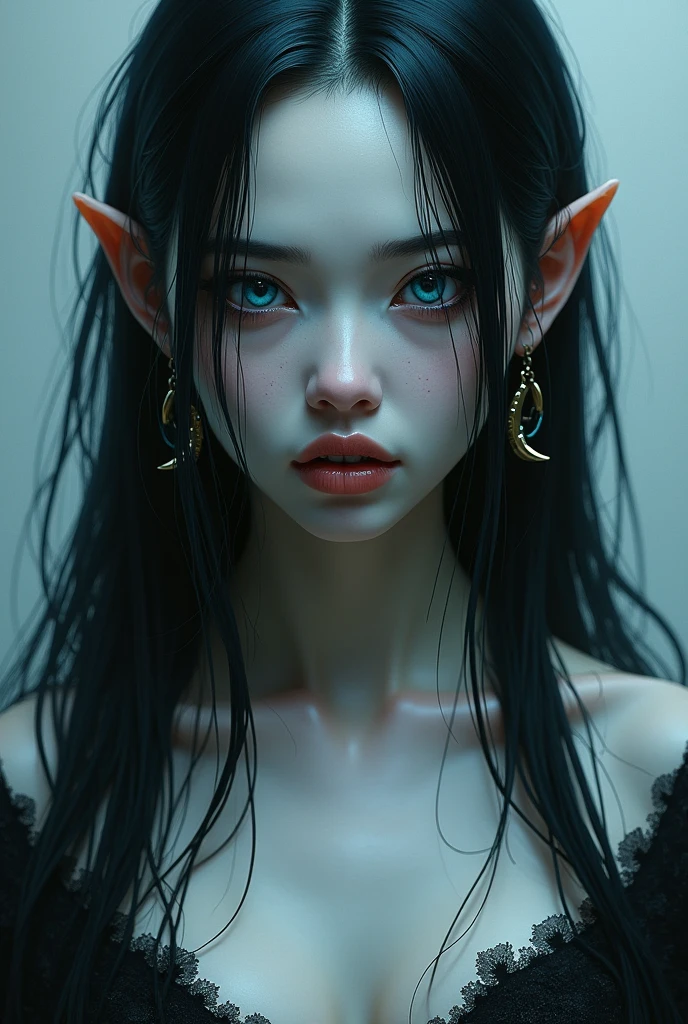 Woman, blue colored eyes, Bblack hair, very long hair,  teeths, tusk, best qualityer, pale white skin.high resolution, slickedback hair, breastsout, Half moon earrings, slightly separated lips, eyes open, Red lips, Canine exposed/tusk exposta, eye white, flickering eyes, pale, shy, Multiple Views, apocalypto, Surrealism, 真实感, 