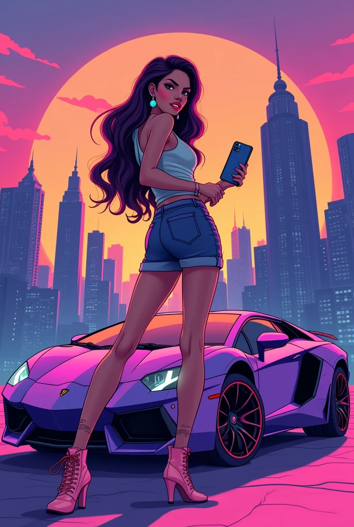Make a music cover with the following information:
cartoon 2000s drawing It has to have a purple lamborghini and a woman with a naked iphone