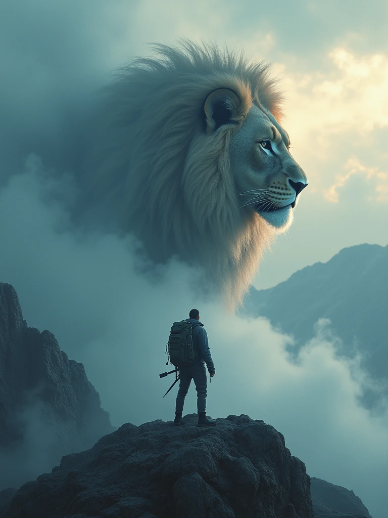 Here is a prompt you can use:

"A man stands atop a mountain, facing a majestic lion emerging from the clouds. The atmosphere is mystical, with thick clouds and a dramatic sky, blending stormy and tranquil tones. The man, Dressed in adventure gear, he faces the lion with determination. The lion, with his majestic mane blending with the clouds, advances in your direction. The scene captures the tension and deep connection between man and the wild., in an epic and imposing landscape."
