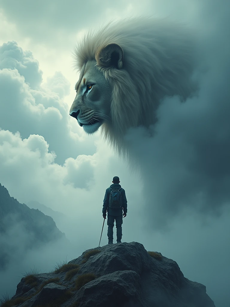 Here is a prompt you can use:

"A man stands atop a mountain, facing a majestic lion emerging from the clouds. The atmosphere is mystical, with thick clouds and a dramatic sky, blending stormy and tranquil tones. The man, Dressed in adventure gear, he faces the lion with determination. The lion, with his majestic mane blending with the clouds, advances in your direction. The scene captures the tension and deep connection between man and the wild., in an epic and imposing landscape."