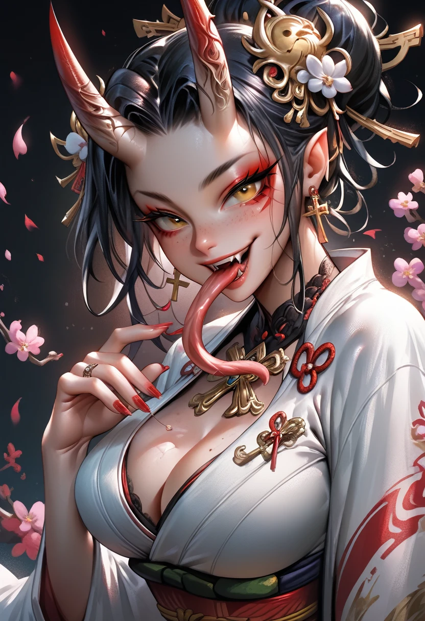 masterpiece, best quality, RAR, masterpiece, best quality, 1girl, breasts, horns, solo, black hair, tongue, cleavage, earrings, japanese clothes, kimono, jewelry, large breasts, red nails, cherry blossoms, hair bun, looking at viewer, tongue out, long tongue, upper body, single hair bun, flower, sash, saliva, hair ornament, black background, fangs, white kimono, teeth, oni, obi, cross, cross earrings, nail polish, makeup, freckles, fingernails, yellow eyes, smile, petals, hand up, eyeshadow, open mouth, long sleeves, simple background, wide sleeves
