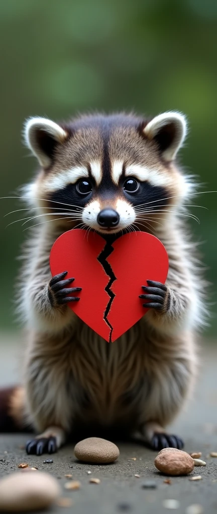 A photo of a fluffy baby raccoon with expressive eyes holding a cracked red heart. The raccoon is positioned against a blurred greenish background. There are a few scattered stones on the surface the raccoon is standing on. The overall mood of the image is melancholic, emphasized by the raccoon's gaze and the broken heart it holds.