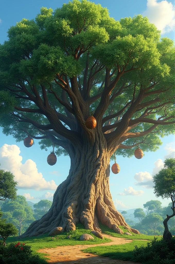 A realistic cashew tree,with several giant branches spread with several leaves and cashew nuts