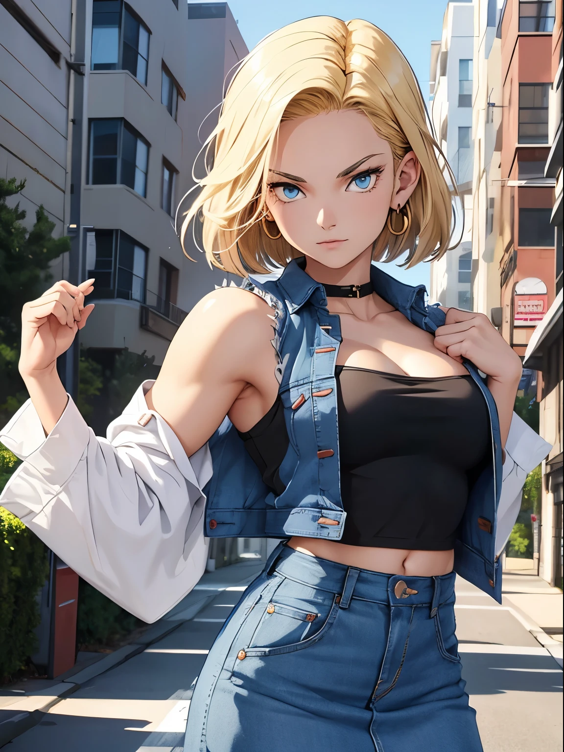 best quality, highres, and18, 1girl, android 18, solo, blonde hair, blue eyes, short hair, earrings, jewelry, denim vest, open vest, black pantyhose, black shirt, denim skirt, striped long sleeves, blue skirt, medium breasts, cowboy shot, street, (Externally expanded Chest:1.2), (Strapless:1.2), off-the-shoulder