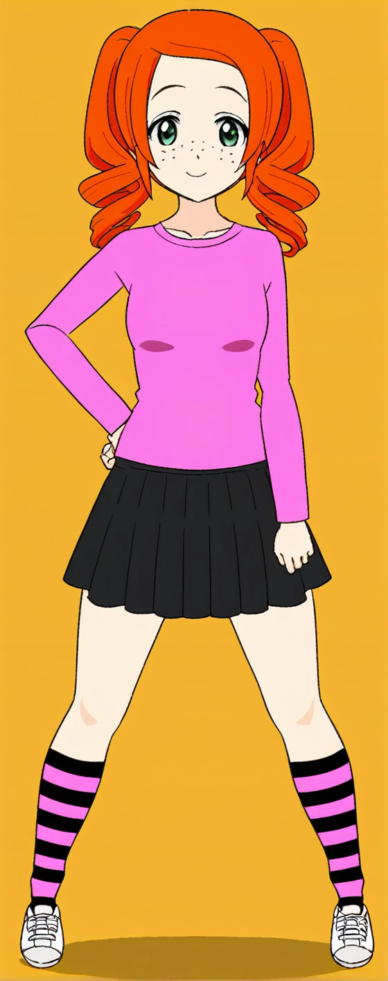 cartoon girl with red hair and black skirt posing for a picture, an anime girl, anime full body illustration, tall female emo art student, flat anime style, !!full body portrait!!, aya takano color style, wearing skirt, anime style character, full body portrait of a short!, fullbody portrait, young anime girl, anime girl named lucy