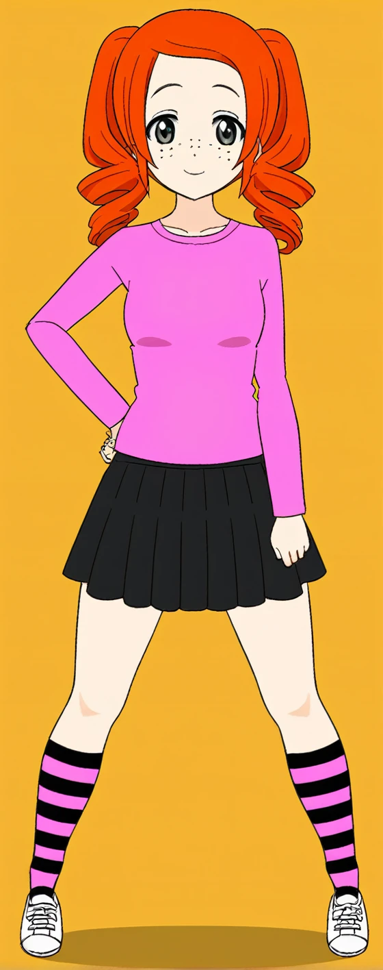 cartoon girl with red hair and black skirt posing for a picture, an anime girl, anime full body illustration, tall female emo art student, flat anime style, !!full body portrait!!, aya takano color style, wearing skirt, anime style character, full body portrait of a short!, fullbody portrait, young anime girl, anime girl named lucy