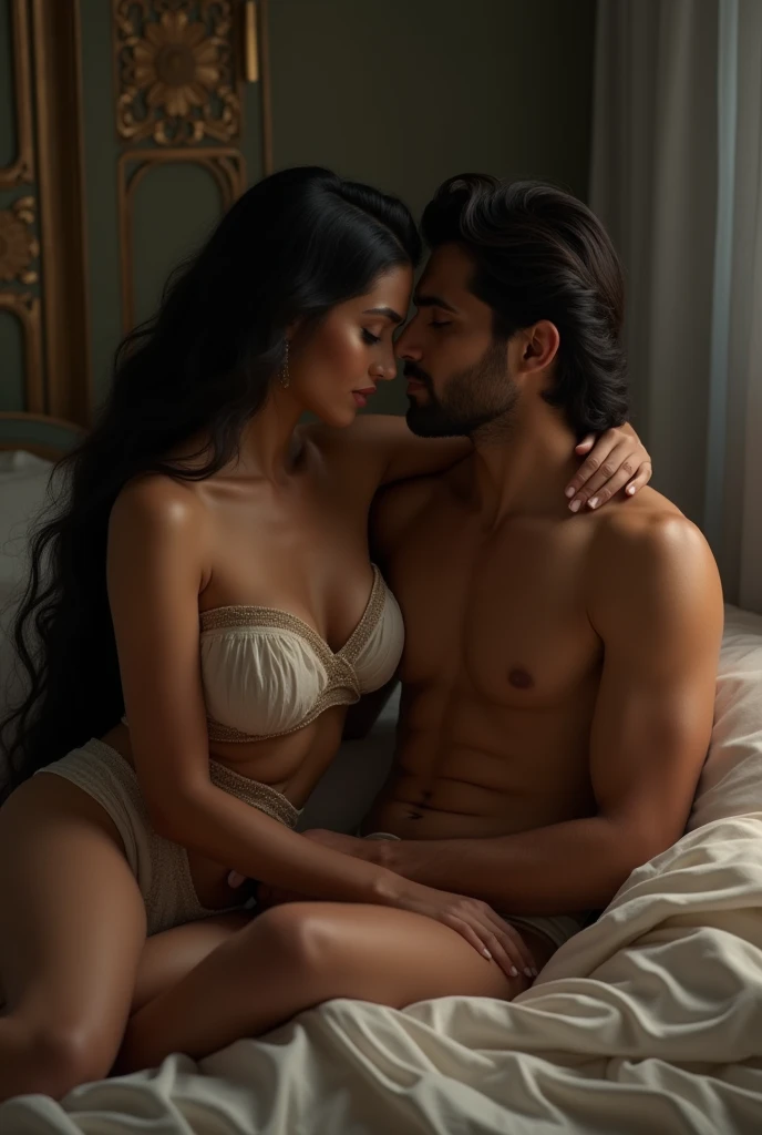 Indian milf beautiful naked curvy Queen kissing a young prince, laid naked in bed,dim light in room, fantasyreal