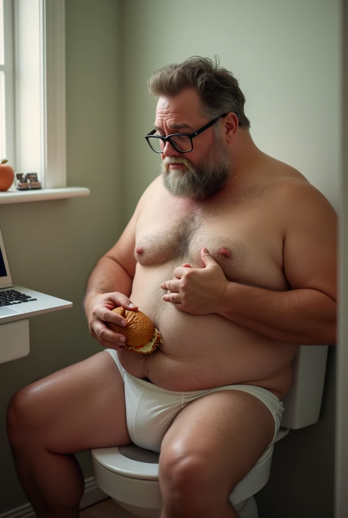 A slightly overweight man wearing glasses and underwear sitting on in a toilet scratching his bellybutton with his rights hand while biting hamburger with his left while staring at a laptop viewed from the side 