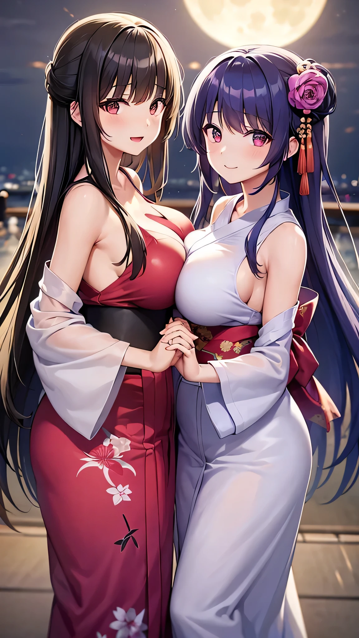 Two women in yukata、A beautiful moonlit night view in the background、Put your bare breasts together、Holding hands。
The first one has long black hair.、I have some confidence in my style。and、Length 156、gently、Easy to talk to、Big Breasts。
The second one has long black hair.、I have some confidence in my style。Energetic and funny。Length 156、Big Breasts。