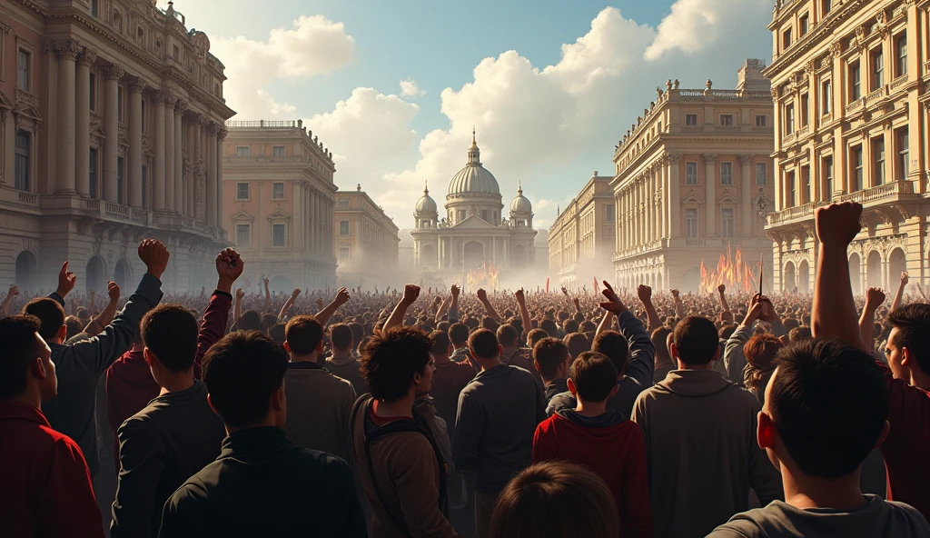 1. A historical city square with a crowd gathering, some with raised fists, others looking fearful, symbolizing the early signs of revolutionary mentality.