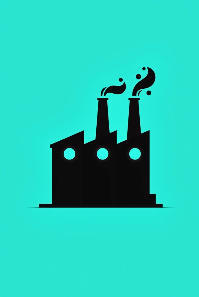 A black icon of a simple factory with 3 roofs and 3 speakers inside the factory representing the windows and the chimney should have a musical score coming out instead of smoke. The background should be solid turquoise..