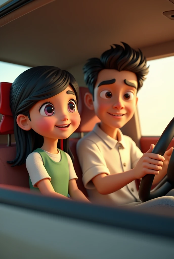 a girl with shoulder length black hair, green dress and a red ribbon in her hair with in the chair next to the chair of her 40-year-old father in a white shirt and jeans holding the steering wheel of a car and, 3D cartoon style, cinematic