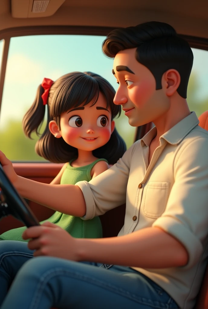a girl with shoulder length black hair, green dress and a red ribbon in her hair with in the chair next to the chair of her 40-year-old father in a white shirt and jeans holding the steering wheel of a car and, 3D cartoon style, cinematic