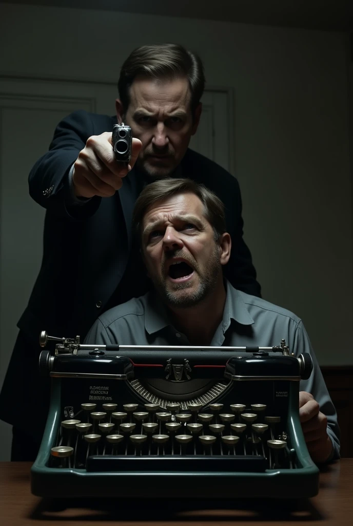 Man sitting in front of a typewriter with a horrified expression on his face and standing in front of him a man pointing a gun at his head