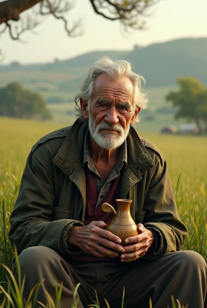 Old man in a field drinking Uruguayan mate