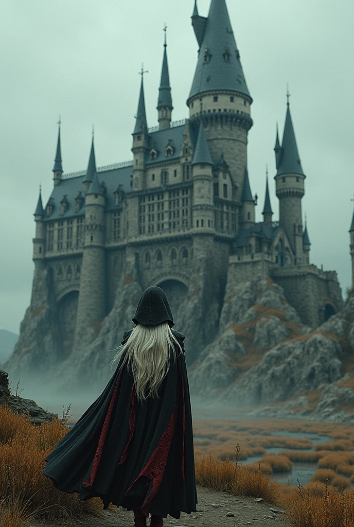 Grimdark surreal castle ultra detailed 3D effect ultra-detailed intricate insanely full HD resolution 4K, cute lady hooded cloak sinister , horror, black and red leather cape adventure, epic fantasy, western, wild west, long white hair, 