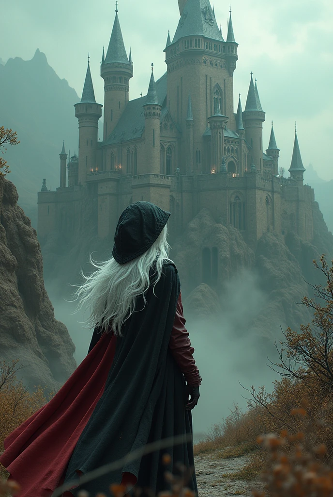 Grimdark surreal castle ultra detailed 3D effect ultra-detailed intricate insanely full HD resolution 4K, cute lady hooded cloak sinister , horror, black and red leather cape adventure, epic fantasy, western, wild west, long white hair,