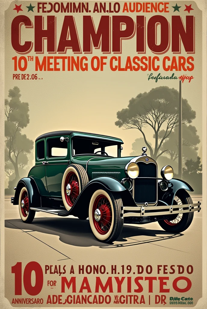 vintage poster real photo of 1929 ford large, highlighted writings,
following written on the poster COMING AUDIENCE CHAMPION 10th meeting of classic cars in Cachoeira do Campo