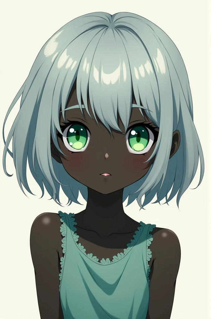 Black anime child with silver hair and green eyes