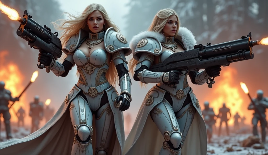 a beautiful woman with long platinum blonde hair, porcelain skin, ice blue eyes, sexy sisters of battle from the warhammer 40k, shooting at the enemy, frosty white and light blue space marine armor with intricate details, religous symbols on the armor, sisters of battle, warhammer 40k, Massive silicone breast, pale skin, seductive, temptation, eat your soul, clevage, , standing in a magical winter wonderland with snow-covered trees and frozen lakes, intricate ice crystals and snowflakes surrounding her, (best quality,4k,8k,highres,masterpiece:1.2),ultra-detailed,(realistic,photorealistic,photo-realistic:1.37),fantasy,digital art,cinematic lighting, highly detailed armor, intricate futuristic weaponry, gritty and realistic, mecha, science fiction, hyper-detailed, photorealistic, award winning digital art, 8k, HDR, masters work, in the middle of a battle field, full body combat action pose, explosions and fire around, full war, charging, running forward, attacking, stunning, Stilleto heels, high heels, full body pose, cinematic, dust and debree, combat screams, attacking, shooting at the enemy, sisters of battle, warhammer 40kdramatic color palette,frozen landscape,ice powers,snow queen