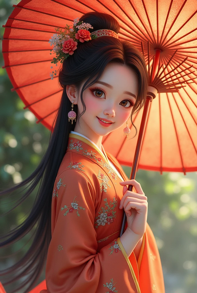  Chinese girl, dressed traditionally and holding an oriental umbrella, Grinning