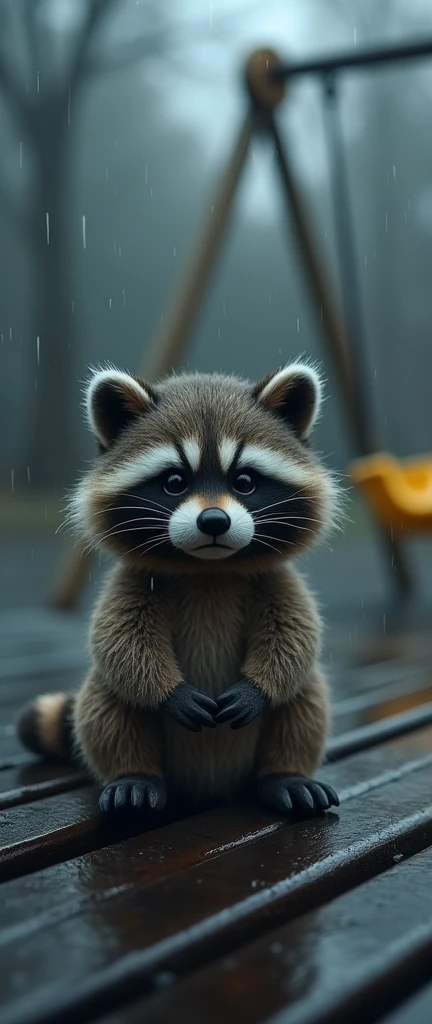 A photo of a plush, extra fluffy baby raccoon with a sad face, forgotten on a children's playground. The raccoon is sitting forlornly on a bench, getting wet under the pouring rain. The background contains a slide and some swings. The overall image has dark subdued tones and an emotive scene with a sad atmosphere.