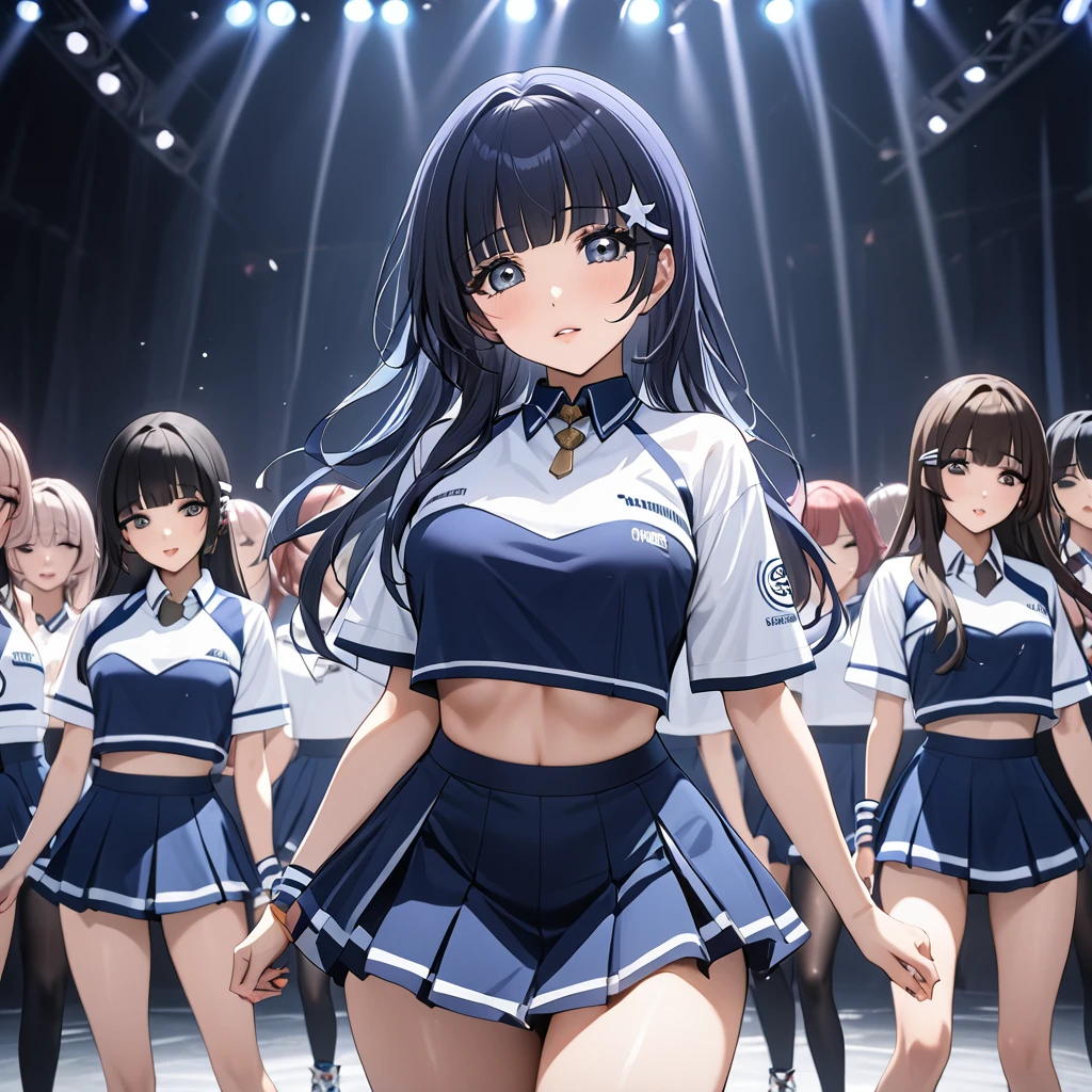 ((Highest quality)), ((masterpiece)), (detailed), (Perfect Face)、The woman is Aoki Reika, has medium-long hair and is a member of a Korean K-POP girl group.、The woman is wearing a cool costume from a Korean K-POP girl group and dancing a gorgeous and cool K-POP dance with her team members.