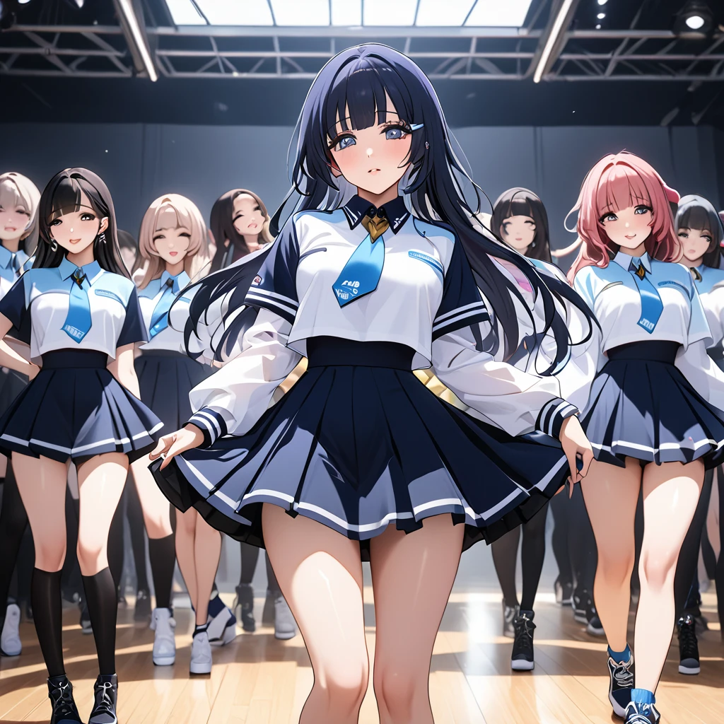 ((Highest quality)), ((masterpiece)), (detailed), (Perfect Face)、The woman is Aoki Reika, has medium-long hair and is a member of a Korean K-POP girl group.、The woman is wearing a cool costume from a Korean K-POP girl group and dancing a gorgeous and cool K-POP dance with her team members.