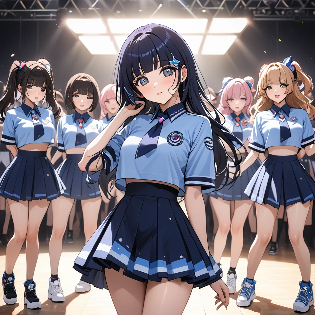 ((Highest quality)), ((masterpiece)), (detailed), (Perfect Face)、The woman is Aoki Reika, has medium-long hair and is a member of a Korean K-POP girl group.、The woman is wearing a cool costume from a Korean K-POP girl group and dancing a gorgeous and cool K-POP dance with her team members.
