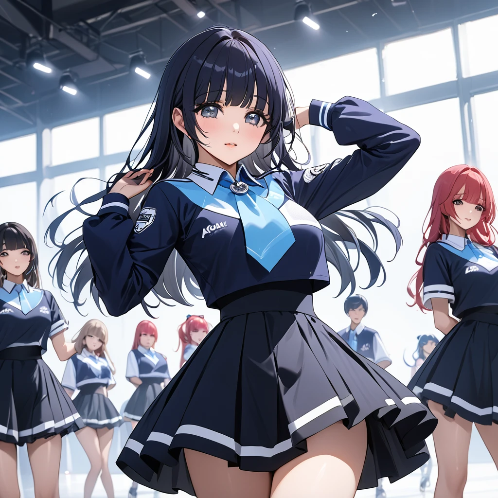 ((Highest quality)), ((masterpiece)), (detailed), (Perfect Face)、The woman is Aoki Reika, has medium-long hair and is a member of a Korean K-POP girl group.、The woman is wearing a cool costume from a Korean K-POP girl group and dancing a gorgeous and cool K-POP dance with her team members.