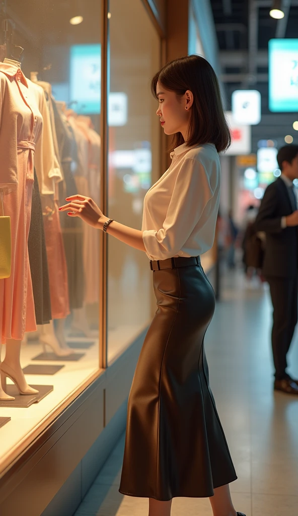 Shopping mall,Window shopping、 Japanese, Mother, 40 years old, (Japanese熟女:1.2), (Realistic facial wrinkles), (Wrinkles around the eyes:1.2), (Tear bags), Light brown hair、Elegant medium hair、(((Wearing a shiny blouse)))、Tight long skirt、High heels、Full Body Shot、Sharp focus、Detailed hands、Detailed fingers、Detailed eyes、