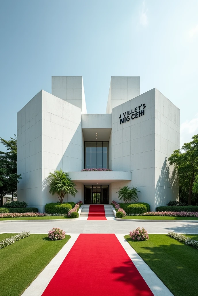 A company headquarters with Singaporean architecture, White in colour large, Grass and flowers altogether with a driveway on the compound ,red carpet at the entrance,NGCEH written on the concrete of the building