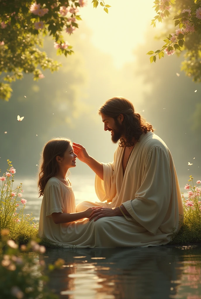 Can you visualize an image for a job?, of the movie "miracles from heaven" and the girl in front of the sky full of flowers and a lake surrounded by trees.
She was sitting in front of the lake and Jesus was at her side looking at her with a smile and caressing her head.. 