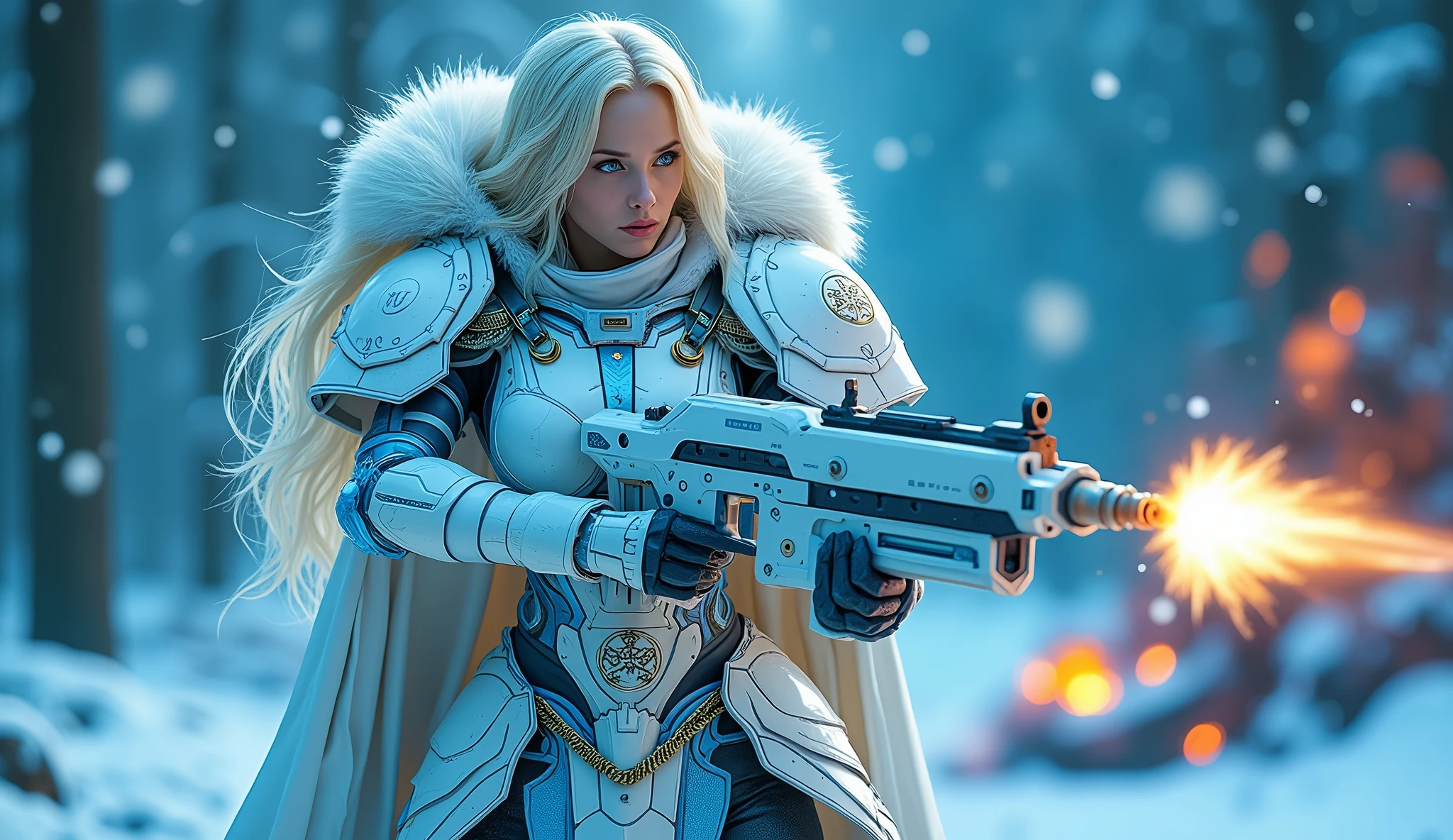 a beautiful woman with long platinum blonde hair, porcelain skin, ice blue eyes, sexy sisters of battle from the warhammer 40k, shooting at the enemy, frosty white and light blue space marine armor with intricate details, religous symbols on the armor, sisters of battle, warhammer 40k, Massive silicone breast, pale skin, seductive, temptation, eat your soul, clevage, , standing in a magical winter wonderland with snow-covered trees and frozen lakes, intricate ice crystals and snowflakes surrounding her, (best quality,4k,8k,highres,masterpiece:1.2),ultra-detailed,(realistic,photorealistic,photo-realistic:1.37),fantasy,digital art,cinematic lighting, highly detailed armor, intricate futuristic weaponry, gritty and realistic, mecha, science fiction, hyper-detailed, photorealistic, award winning digital art, 8k, HDR, masters work, in the middle of a battle field, full body combat action pose, explosions and fire around, full war, charging, running forward, attacking, stunning, Stilleto heels, high heels, full body pose, cinematic, dust and debree, combat screams, attacking, shooting at the enemy, sisters of battle, warhammer 40kdramatic color palette,frozen landscape,ice powers,snow queen