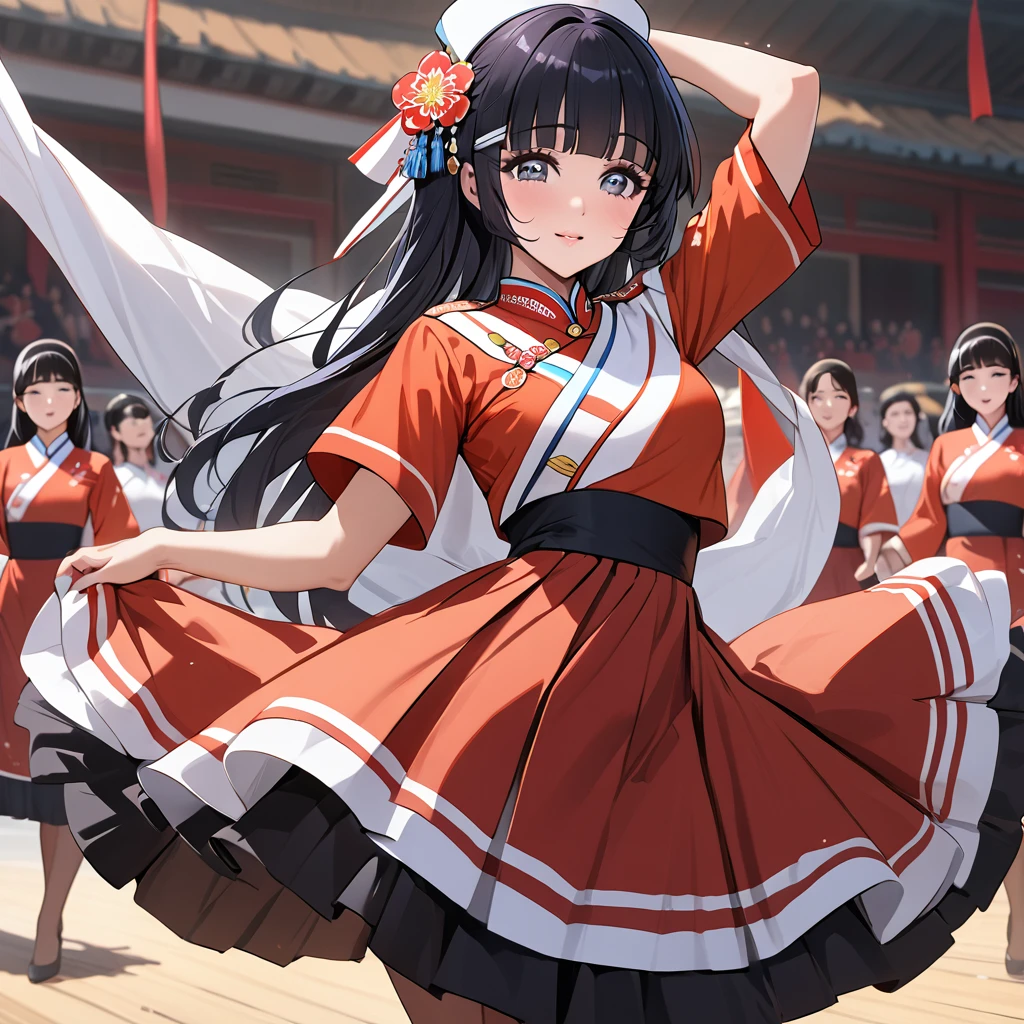 ((Highest quality)), ((masterpiece)), (detailed), （Perfect Face）、The woman is Reika Aoki with semi-long hair、The woman is a member of the North Korean Pleasure Squad and is dressed in North Korean national costume and performing a dance for the general.