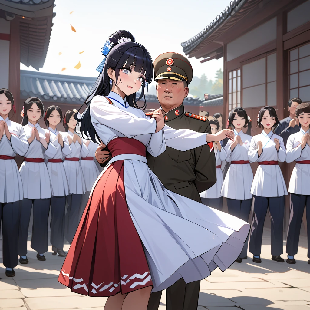 ((Highest quality)), ((masterpiece)), (detailed), （Perfect Face）、The woman is Reika Aoki with semi-long hair、The woman is a member of the North Korean Pleasure Squad and is dancing for the General, wearing the attractive North Korean traditional traditional Korean dress.