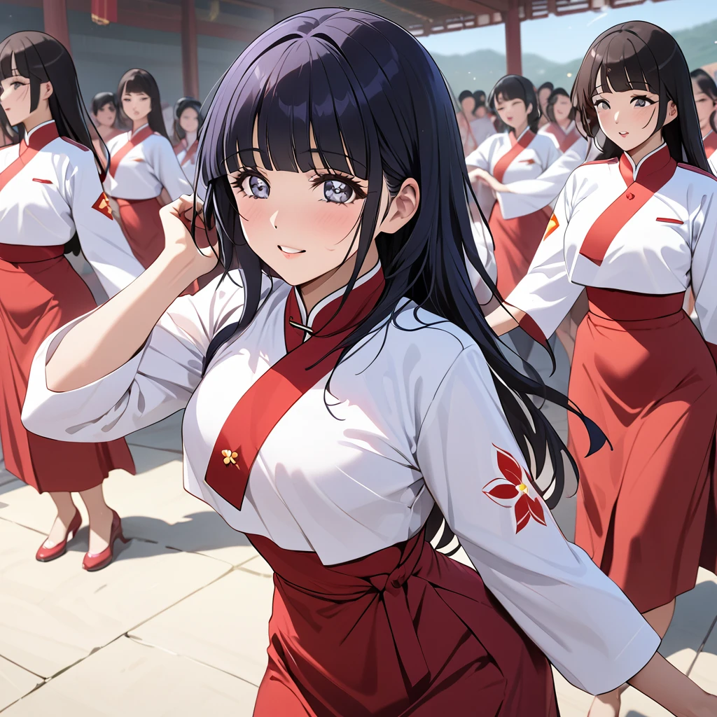 ((Highest quality)), ((masterpiece)), (detailed), （Perfect Face）、The woman is Reika Aoki with semi-long hair、The woman is a member of the North Korean Pleasure Squad and is dancing for the General, wearing the attractive North Korean traditional traditional Korean dress.