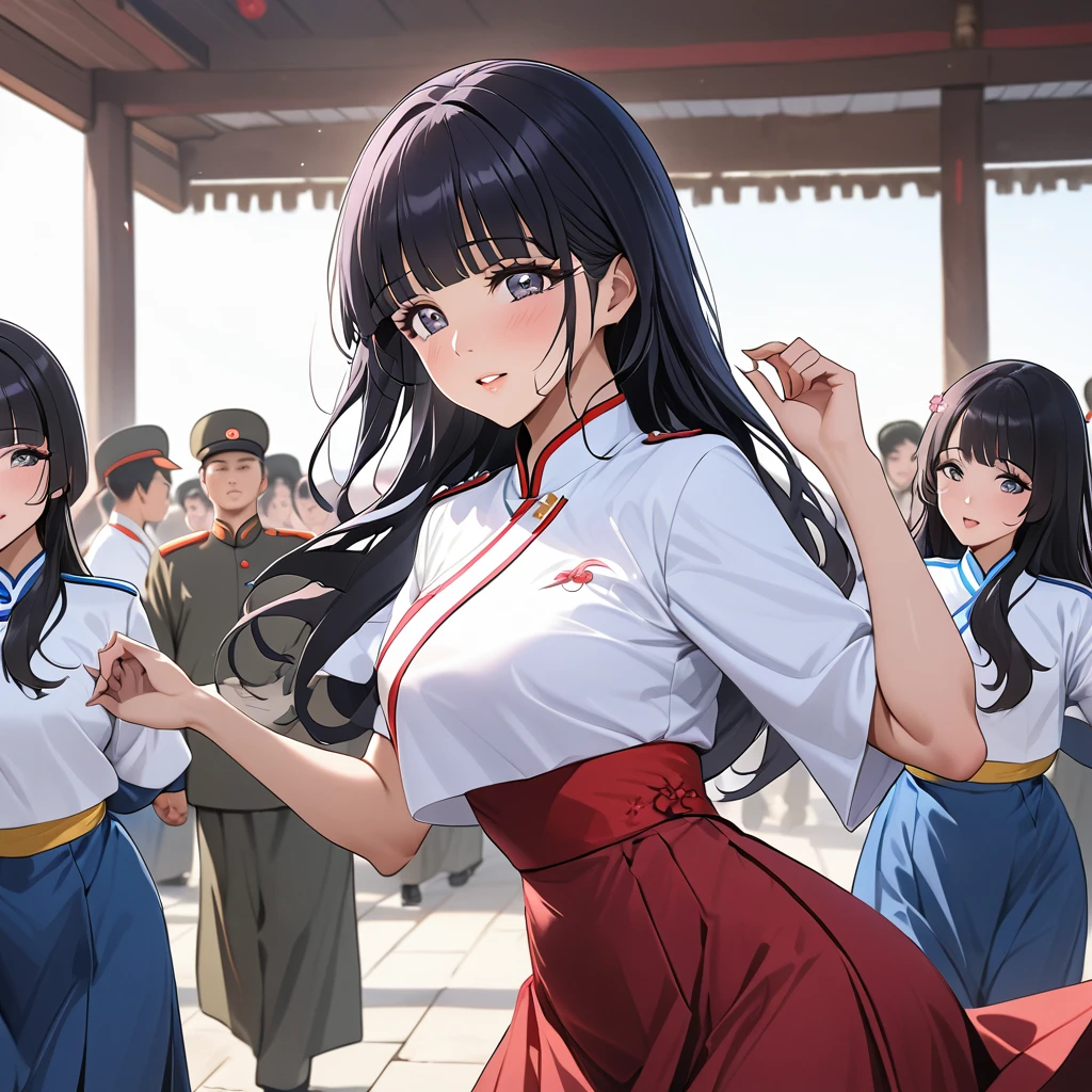 ((Highest quality)), ((masterpiece)), (detailed), (Perfect Face)、The woman is Reika Aoki with semi-long hair、The woman is a member of the North Korean Pleasure Squad and is dancing for the General, wearing the attractive North Korean traditional traditional Korean dress.