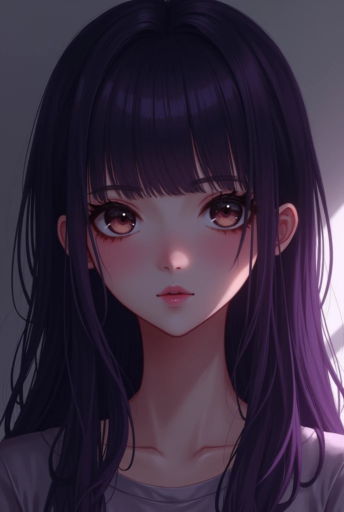 teenage girl with dark purple hair and dark brown eyes