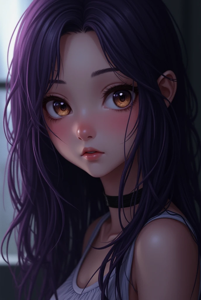 teenage girl with dark purple hair and dark brown eyes