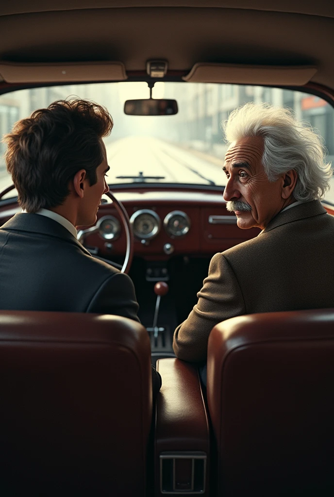 Albert Einstein was talking with his driver in a car