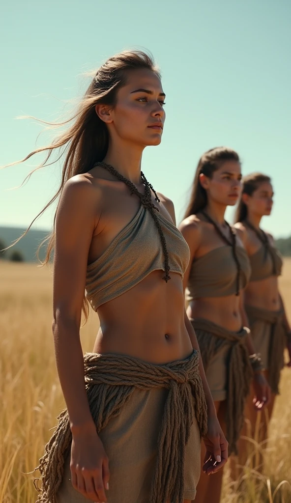 Brave Amazon Warriors, defying societal norms, ancient Scythia, simple yet strong clothing made of natural materials, open fields under a clear sky, living freely and joyfully, wide shot, hyper-realistic, photo realism, cinematography 