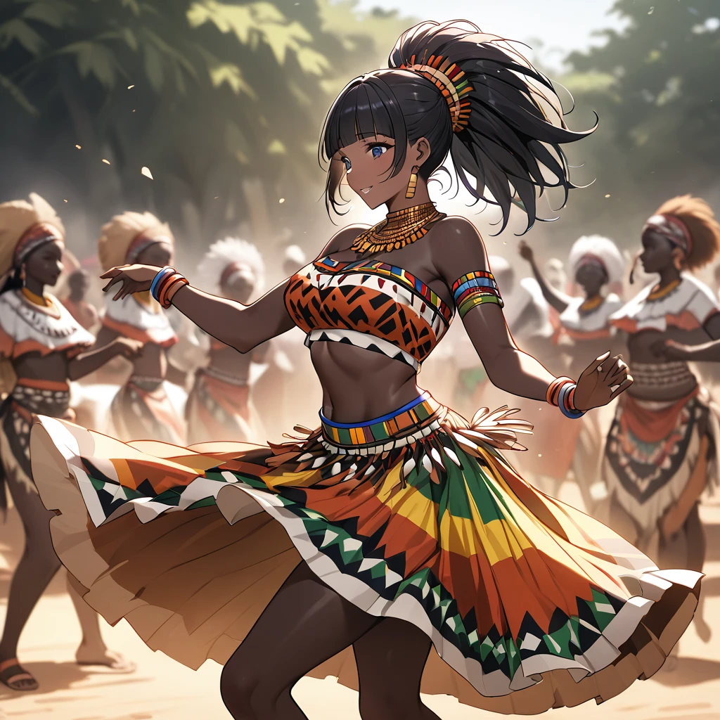 ((Highest quality)), ((masterpiece)), (detailed), （Perfect Face）、The woman is Aoki Reika, a Ghanaian with black skin and medium-long hair, and is a dancer of the indigenous people of Ghana, Africa.、A woman is dancing an African native tribal dance in Ghanaian native African tribal dance costume and with a Ghanaian hairstyle