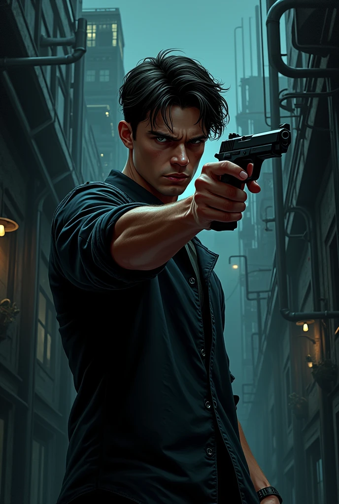 young white male shooter with black hair pointing a semi-automatic pistol to the side with a dark industrial comics background