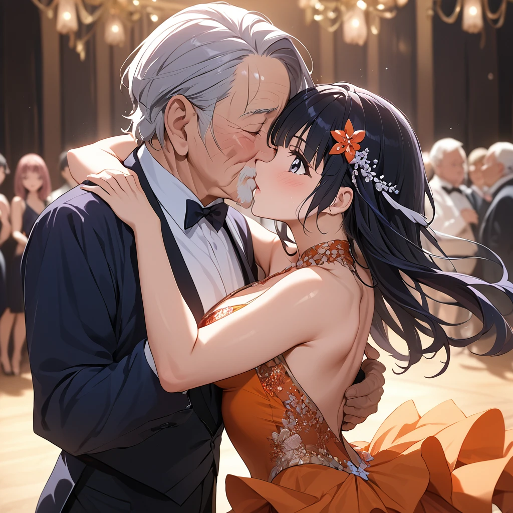 ((Highest quality)), ((masterpiece)), (detailed), （Perfect Face）、The woman is Reika Aoki with semi-long hair、The woman is wearing a beautiful, gorgeous tango costume and is dancing tango passionately while kissing an old man.
