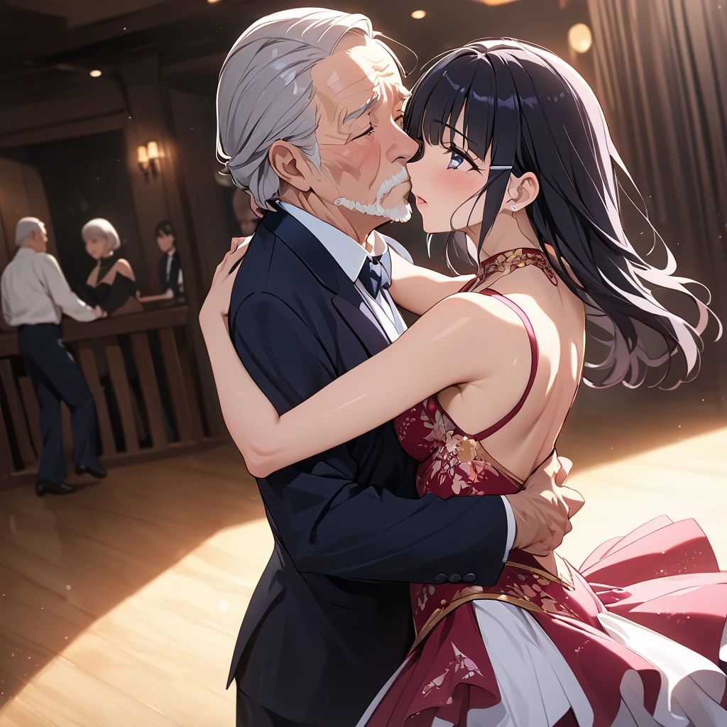((Highest quality)), ((masterpiece)), (detailed), (Perfect Face)、The woman is Reika Aoki with semi-long hair、The woman is wearing a beautiful, gorgeous tango costume and is dancing tango passionately while kissing an old man.