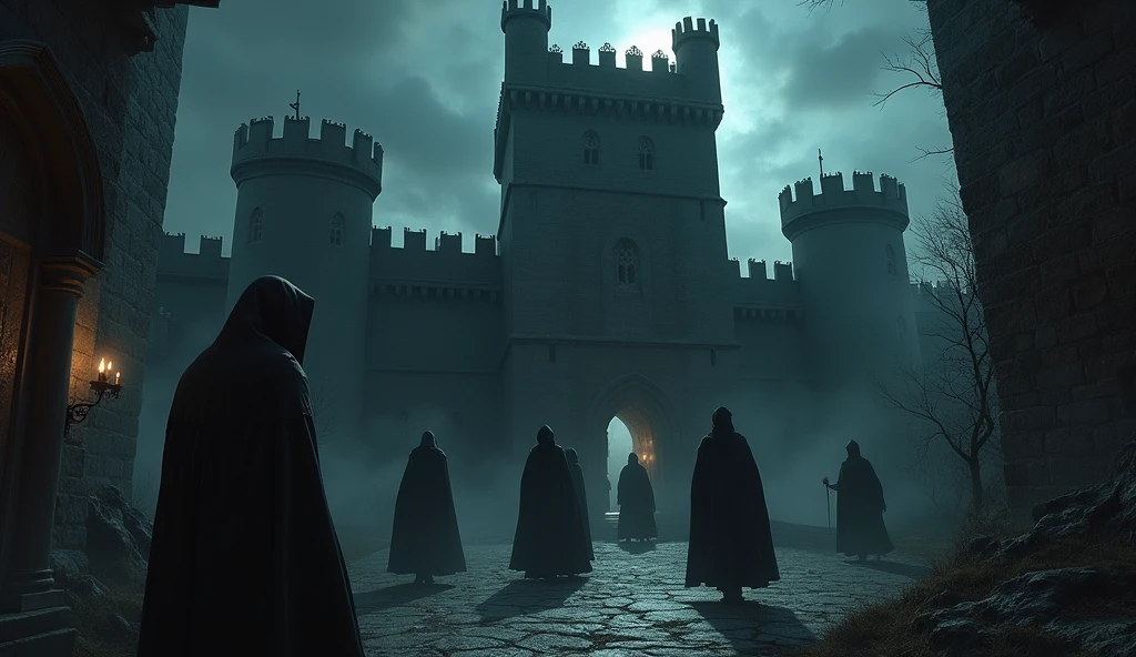 2. A dark medieval castle with shadows lurking, representing the secretive origins of revolutionary thought in the 15th century.