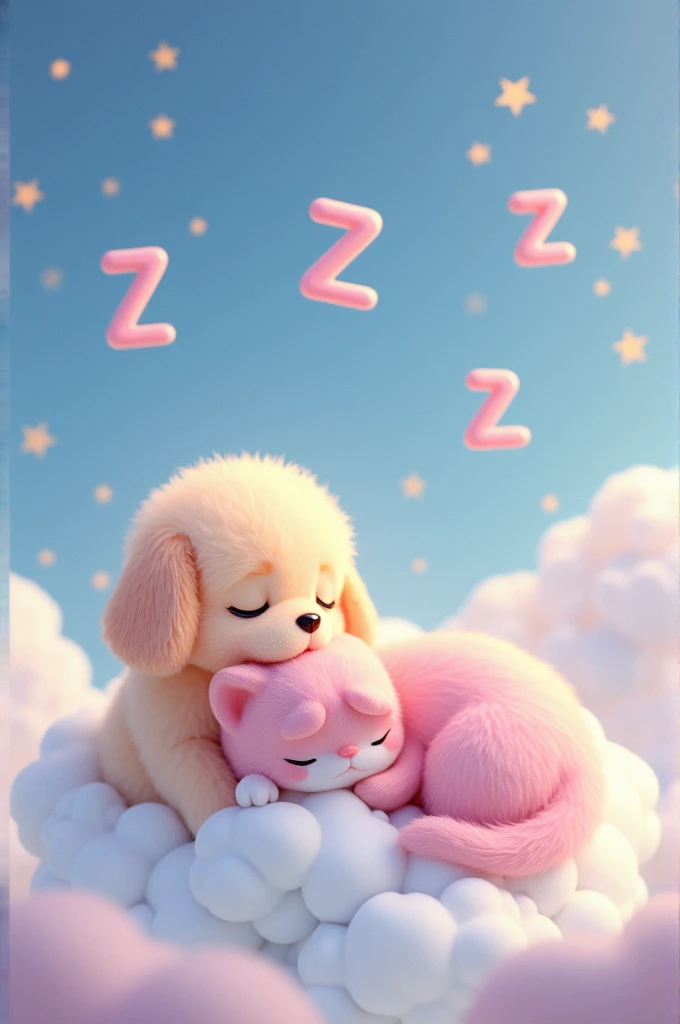 "There is a very cute puppy sleeping with five 'Z' letters floating upward from its head, and a very cute pink cat sleeping on a cloud with stars in the background, concept art by Lisa Frank, trending on CGSociety, fur art, dreamy animal with cute eyes, adorable digital painting, Beeple and Jeremiah Kettner, cute and detailed digital art, Lisa Frank, lying in a fairy-tale realm of white clouds, sweet dreams, a night of dreams, dreamy art. There is a pink cat sleeping on a cloud with stars in the background, concept art by Lisa Frank, trending on CGSociety, fur art, dreamy animal with cute eyes, adorable digital painting, Beeple and Jeremiah Kettner, cute and detailed digital art, Lisa Frank, lying in a fairy-tale realm of white clouds, in ultra-realistic 4K images, sweet dreams, a night of dreams, dreamy art."